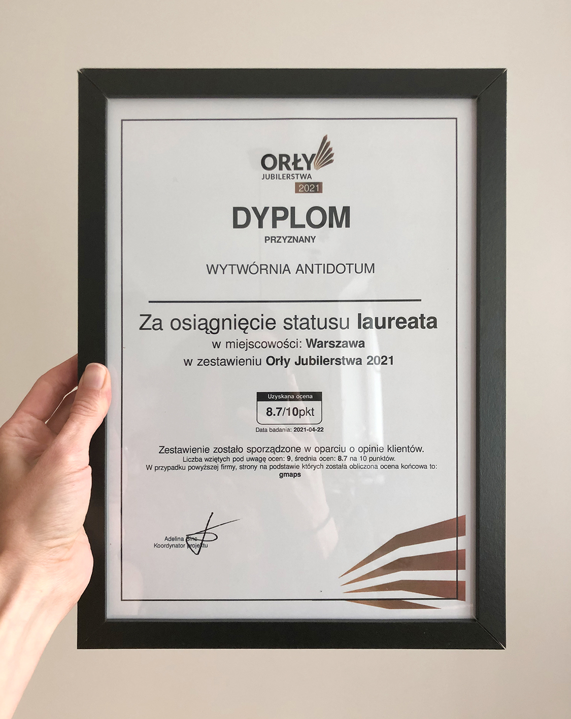 Wytwórnia Antidotum otrzymała dyplom Orły Jubilerstwa 2021